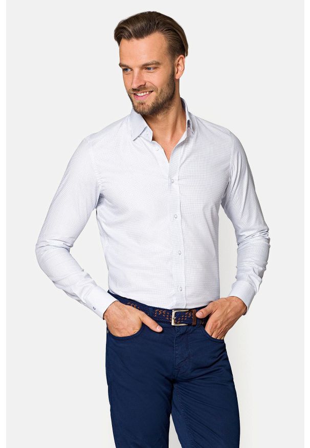 Lancerto - Koszula Błękitna w Mikrowzór Layla. Kolor: niebieski. Materiał: bawełna, tkanina, jeans. Wzór: haft