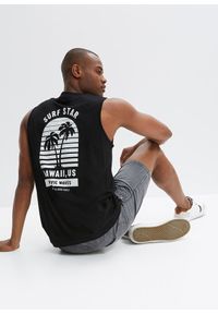 bonprix - Koszulka na szerokich ramiączkach, krój loose fit. Kolor: czarny. Długość rękawa: na ramiączkach. Wzór: nadruk #1