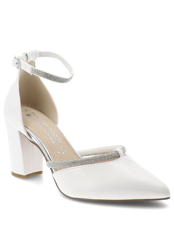 Czółenka damskie Marco Tozzi, ze skóry naturalnej na stabilnym słupku zapewniającym wygodę z paskiem wokół kostki poprawiającym dopasowanie i stabiln. Okazja: na wesele, na imprezę, na ślub cywilny. Zapięcie: pasek. Kolor: biały. Szerokość cholewki: normalna. Materiał: skóra. Sezon: lato. Obcas: na słupku. Styl: elegancki. Wysokość obcasa: średni
