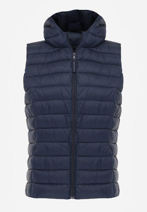 Renee - Granatowa Przejściowa Kamizelka z Pikowaniem i Kapturem Neatwenna. Okazja: na co dzień. Typ kołnierza: kaptur. Kolor: niebieski. Materiał: jeans. Styl: sportowy, casual, elegancki