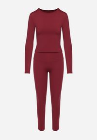 Born2be - Bordowy Komplet Sportowy Legginsy i Bluzka z Długim Rękawem Toretta. Kolor: czerwony. Wzór: aplikacja