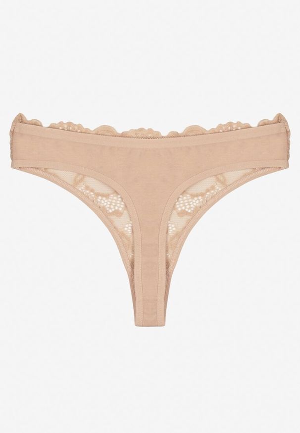 Born2be - Beżowe Koronkowe Majtki Stringi z Bawełny Venalora. Kolor: beżowy. Materiał: bawełna, koronka