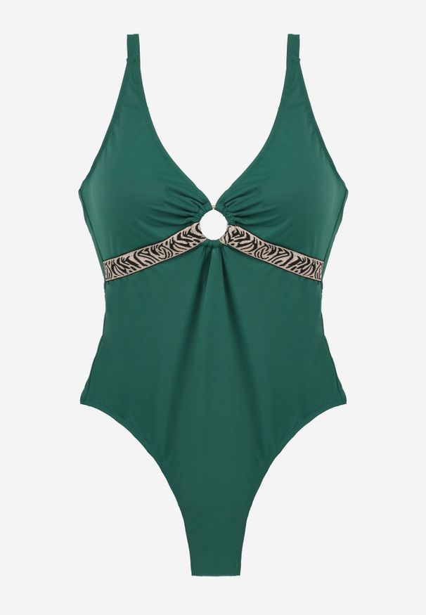 Renee - Zielony Strój Kąpielowy z Paskiem w Geometryczny Print i Wycięciem Helania. Kolekcja: plus size. Kolor: zielony. Wzór: geometria, nadruk
