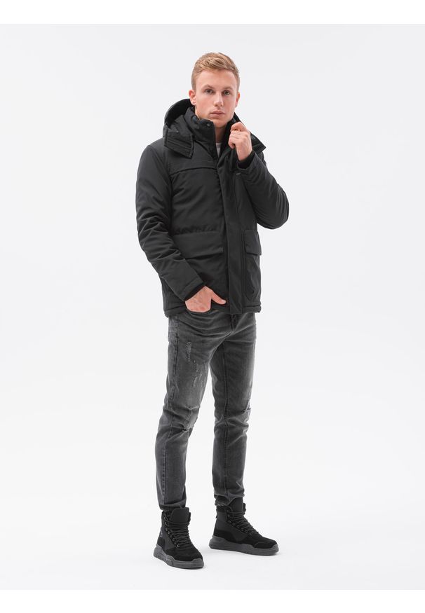 Ombre Clothing - Kurtka męska z kapturem na stójce C504 - czarna - XXL. Typ kołnierza: kołnierzyk stójkowy, kaptur. Kolor: czarny. Materiał: nylon, materiał, poliester. Sezon: jesień, zima