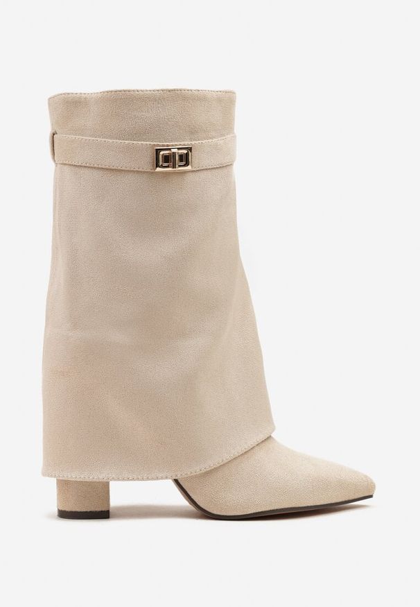 Renee - Beżowe Botki z Ekozamszu na Słupkowym Obcasie z Cholewką Imitującą Nogawkę Emmidre. Okazja: na co dzień. Kolor: beżowy. Materiał: skóra, jeans. Szerokość cholewki: normalna. Obcas: na obcasie. Styl: casual. Wysokość obcasa: średni