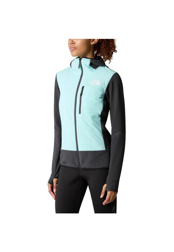 Kurtka przejściowa damska The North Face Dawn Turn Hybrid Ventrix Midlayer. Kolor: szary, niebieski, wielokolorowy. Materiał: skóra