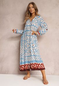 Renee - Niebieska Sukienka Maxi z Rozporkami i Wsuwanymi Kieszeniami Ranno. Kolor: niebieski. Materiał: tkanina. Długość rękawa: długi rękaw. Styl: boho. Długość: maxi #4