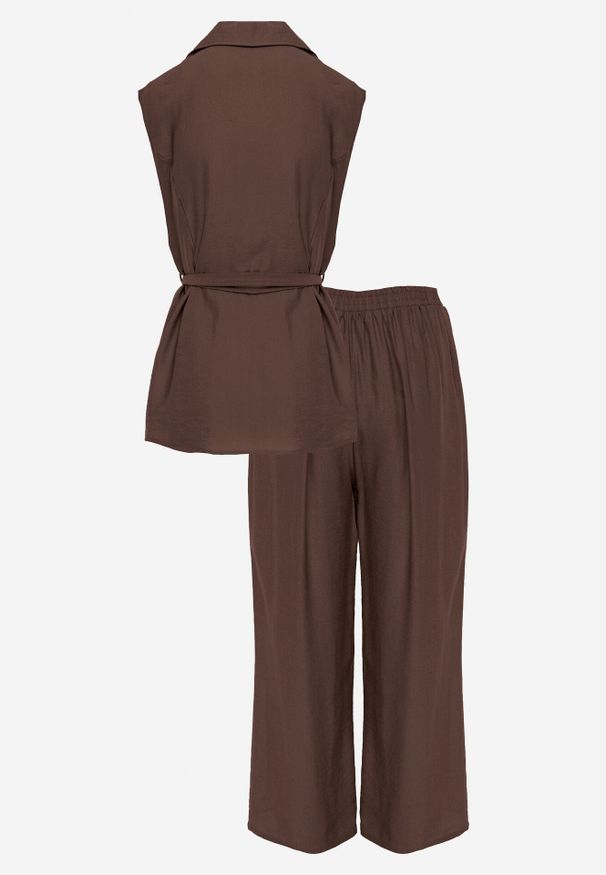 Born2be - Brązowy Komplet z Topem o Fasonie Kamizelki z Paskiem i Szerokimi Spodniami z Wiskozą Zarinesh. Kolor: brązowy. Materiał: wiskoza