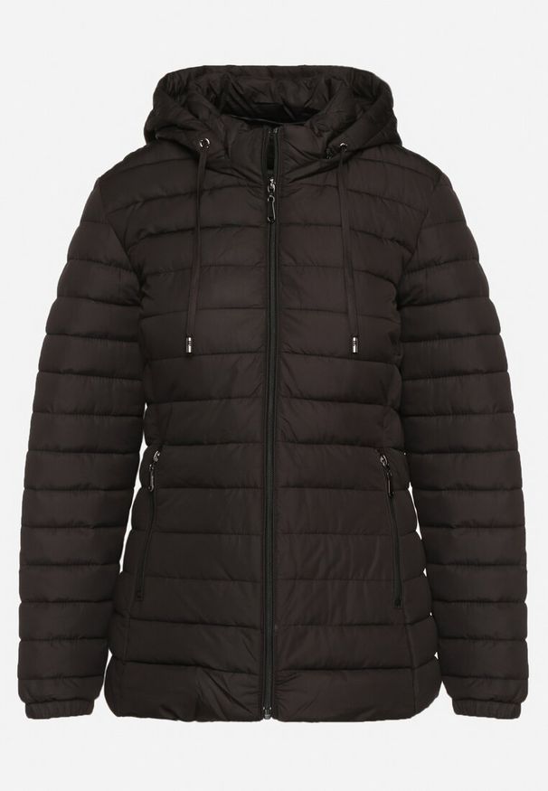 Born2be - Czarna Pikowana Kurtka z Kapturem i Sznurkami Miviana. Okazja: na spacer. Typ kołnierza: kaptur. Kolor: czarny. Materiał: jeans. Długość rękawa: długi rękaw. Długość: długie