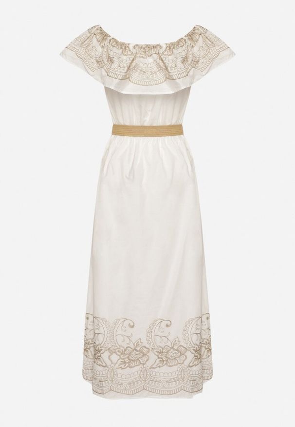 Born2be - Biała Sukienka Hiszpanka w Stylu Boho z Haftem i Paskiem z Klamrą Mellirna. Okazja: na co dzień. Typ kołnierza: dekolt hiszpanka. Kolor: biały. Materiał: poliester, materiał. Wzór: haft. Styl: boho