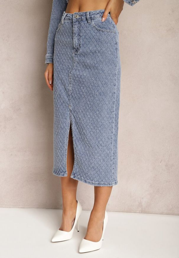 Renee - Granatowa Jeansowa Spódnica Ołówkowa z Rozcięciem z Przodu Aperuna. Kolor: niebieski. Materiał: jeans