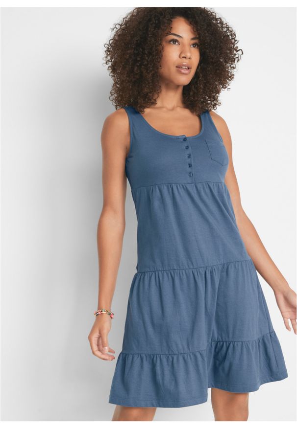 bonprix - Sukienka bawełniana z dżerseju, krótki rękaw. Kolor: niebieski. Materiał: bawełna, jersey. Długość rękawa: krótki rękaw. Sezon: lato