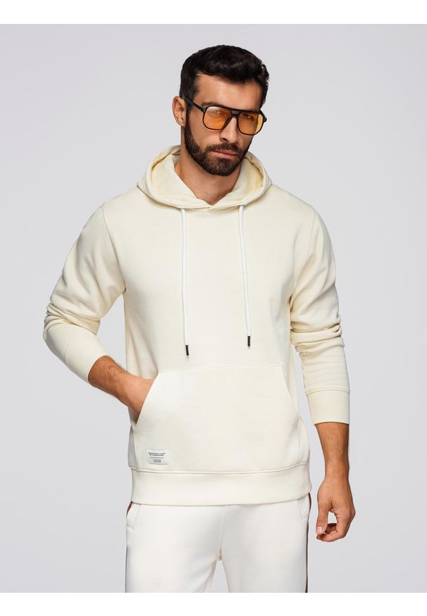Ombre Clothing - Męska bluza dresowa kangurka z kapturem - kremowa V11 - Rozmiar: L. Okazja: na co dzień. Typ kołnierza: kaptur. Kolor: kremowy. Materiał: dresówka. Styl: casual