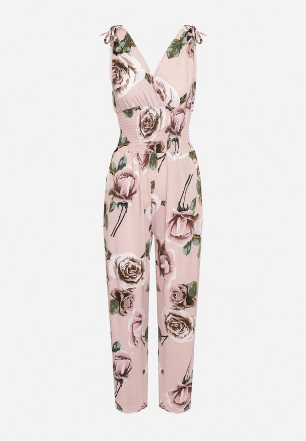Born2be - Jasnoróżowy Taliowany Kombinezon w Kwiaty z Długimi Nogawkami Renivia. Okazja: na co dzień. Kolor: różowy. Długość: długie. Wzór: kwiaty. Styl: casual, street