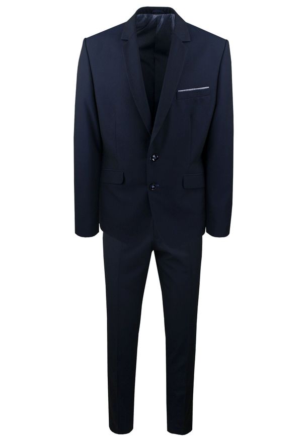 Granatowy Garnitur na Studniówkę lub Wesele - Taliowany - Casino. Kolor: niebieski. Materiał: poliester, wiskoza