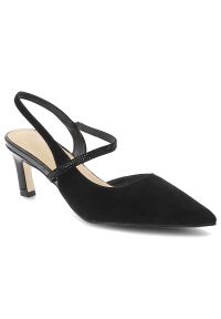 Czółenka damskie S.Barski, cholewka ze skóry naturalnej zamszowej elegancki fason slingback na stabilnym obcasie, czarne, CR61-3048. Okazja: do pracy, na spotkanie biznesowe. Nosek buta: szpiczasty. Zapięcie: pasek. Kolor: czarny. Szerokość cholewki: normalna. Wzór: paski, aplikacja. Materiał: skóra, zamsz. Obcas: na obcasie. Styl: elegancki. Wysokość obcasa: średni #1