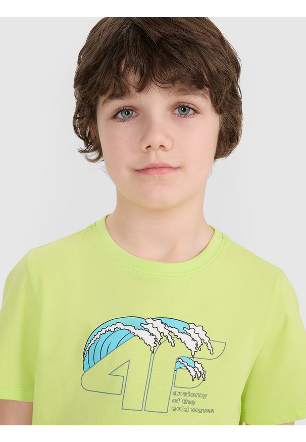 4f - 4F T-shirt regular z nadrukiem chłopięcy - zielony 122 (6-7 lat). Okazja: na co dzień. Kolor: zielony. Materiał: bawełna, materiał, jersey. Długość rękawa: krótki rękaw. Długość: krótkie. Wzór: nadruk. Sezon: lato. Styl: klasyczny, sportowy, casual
