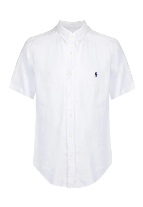 Ralph Lauren - RALPH LAUREN - Lniana koszula Slim Fit z krótkimi rękawami z logo. Typ kołnierza: polo, button down. Kolor: biały. Materiał: len. Długość rękawa: krótki rękaw. Długość: krótkie. Wzór: haft