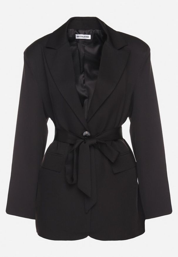 Born2be - Czarna Jednorzędowa Marynarka z Paskiem i Usztywnionymi Ramionami Diomella. Okazja: na co dzień. Kolor: czarny. Materiał: jeans. Styl: casual, elegancki