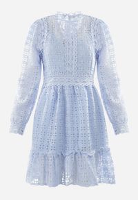 Born2be - Jasnoniebieska Koronkowa Sukienka Mini z Falbanką Kamari. Kolor: niebieski. Materiał: koronka. Wzór: gładki. Sezon: lato, wiosna. Długość: mini