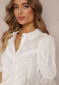 Renee - Biała Koszula z Haftowanym Kołnierzem i Rękawem z Gumką Prescotta. Kolor: biały. Długość: krótkie. Wzór: haft #3