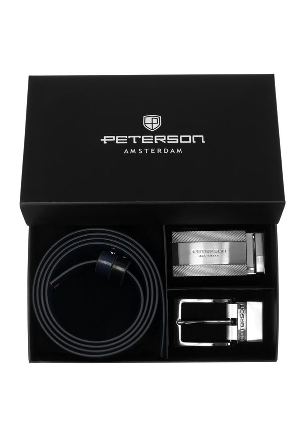 Zestaw prezentowy: dwustronny pasek skórzany w granatowym i czarnym kolorze Peterson PTN KL-B007S001 N. Kolor: czarny, niebieski, wielokolorowy. Materiał: skóra. Styl: elegancki