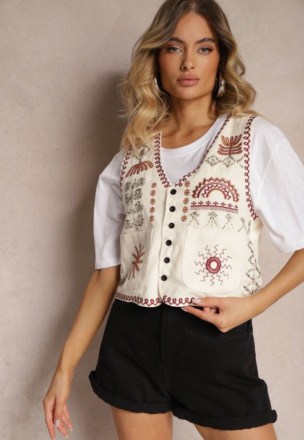Renee - Jasnobeżowa Kamizelka z Bawełny Ozdobiona Haftem Zapinana na Guziki Eleasea. Okazja: na co dzień. Kolor: beżowy. Materiał: bawełna. Wzór: aplikacja, haft. Styl: elegancki, casual
