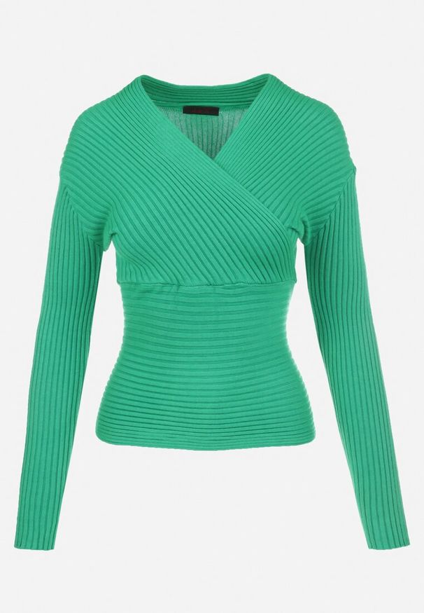 Born2be - Zielony Sweter Kopertowy z Prążkowanej Dzianiny Zaki. Okazja: na co dzień. Kolor: zielony. Materiał: dzianina, prążkowany. Długość rękawa: długi rękaw. Długość: długie. Styl: casual, rockowy, elegancki