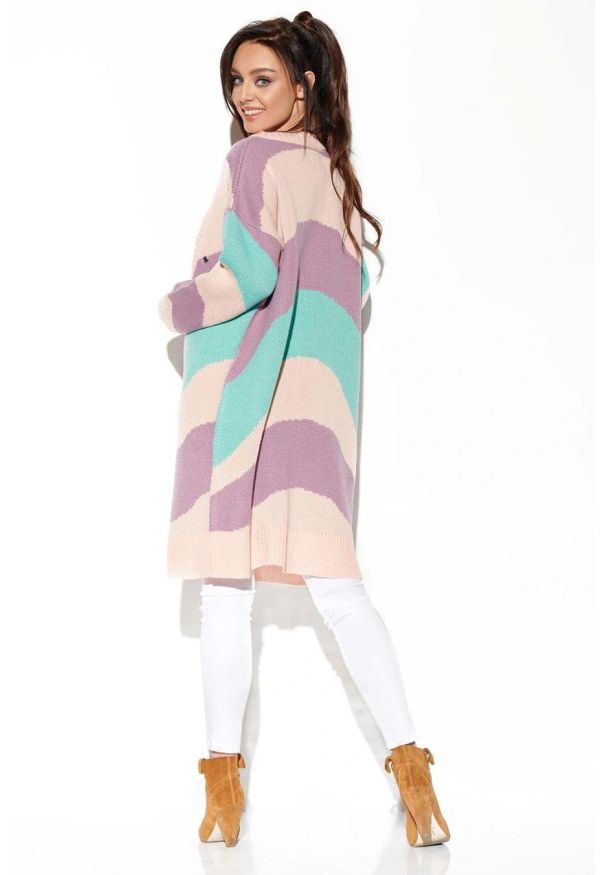 Sukienki.shop - Długi sweter bez zapięcia pastelowy w paski. Okazja: na co dzień. Materiał: materiał, jeans, akryl. Długość: długie. Wzór: paski. Sezon: lato. Styl: elegancki, casual