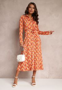 Renee - Pomarańczowa Koszulowa Sukienka w Mozaikowy Wzór Wiązana w Pasie Azalie. Kolor: pomarańczowy. Materiał: tkanina. Typ sukienki: koszulowe #3