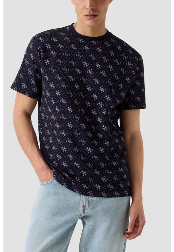 Guess - GUESS Granatowy męski t-shirt w monogram Jacquard 4G Knit, Rozmiar XXL. Okazja: na co dzień. Kolor: niebieski. Styl: casual