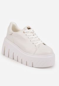 Born2be - Białe Sneakersy VICES na Grubej Tłoczonej Podeszwie Cheka. Okazja: na co dzień. Zapięcie: sznurówki. Kolor: biały. Materiał: jeans #4