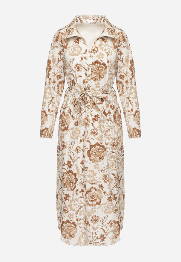 Born2be - Jasnobeżowa Sukienka Koszulowa z Wiskozy w Kwiaty z Wiązanym Paskiem Lorkia. Okazja: na co dzień. Kolor: beżowy. Materiał: wiskoza. Długość rękawa: długi rękaw. Wzór: kwiaty. Sezon: wiosna, lato. Typ sukienki: koszulowe. Styl: klasyczny, casual, elegancki