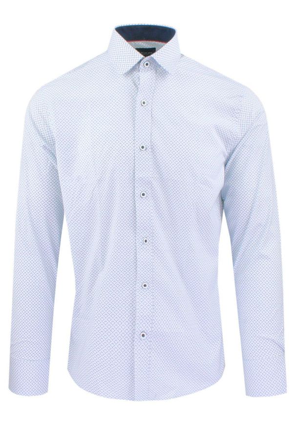 Męska Koszula, Taliowana (Slim Fit) - Rigon - Biel, Wzór. Okazja: do pracy, na spotkanie biznesowe. Materiał: bawełna, poliester, elastan. Długość rękawa: długi rękaw. Długość: długie. Styl: wizytowy, elegancki, biznesowy