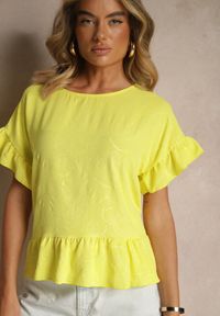 Renee - Żółta Bluzka Oversize Ozdobiona Falbanami Liriele. Okazja: na co dzień. Kolor: żółty. Materiał: jeans. Wzór: aplikacja. Styl: casual