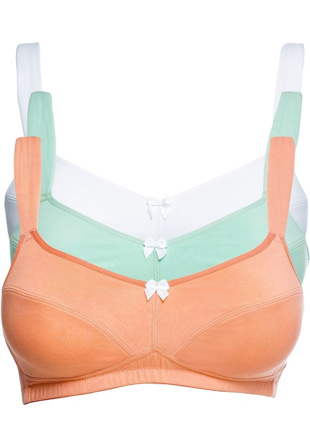 bonprix - Biustonosz bez fiszbinów z bawełną (3 sztuki). Kolor: zielony. Materiał: bawełna. Wzór: aplikacja