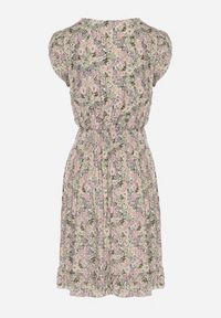 Born2be - Szaro-Różowa Bawełniana Sukienka z Gumką w Pasie w Kwiatowy Wzór Pledoria. Kolor: szary. Materiał: bawełna. Wzór: kwiaty #4