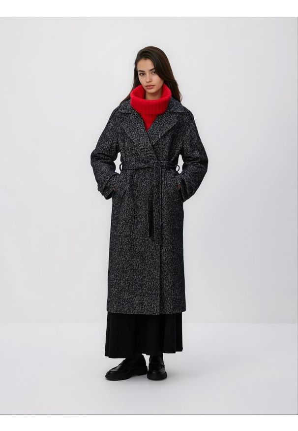 Reserved - Wiązany płaszcz z wełną - czarny. Kolor: czarny. Materiał: wełna