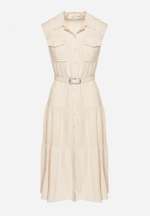 Born2be - Beżowa Koszulowa Sukienka z Wiskozy z Bawełną Ozdobiona Paskiem Rivebia. Okazja: na co dzień. Kolor: beżowy. Materiał: bawełna, wiskoza. Wzór: aplikacja. Typ sukienki: koszulowe. Styl: casual, elegancki