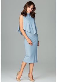 Lenitif - Dopasowana sukienka midi z doszytą pelerynką niebieska. Kolor: niebieski. Typ sukienki: ołówkowe, dopasowane. Styl: elegancki. Długość: midi #3