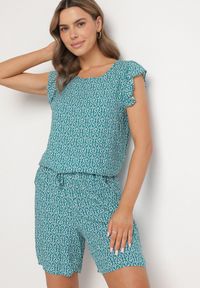 Born2be - Zielony Bawełniany Komplet w Etniczny Wzór T-shirt i Szorty Sarithae. Kolor: zielony. Materiał: bawełna #4
