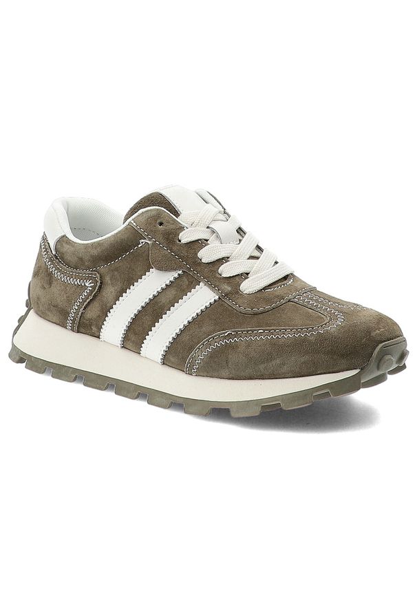 Sneakersy damskie S.Barski, cholewka ze skóry naturalnej zamszowej z tekstylnymi panelami kontrastowe wstawki boczne klasyczne sznurowaniem masywna p. Okazja: na co dzień. Zapięcie: sznurówki. Kolor: zielony. Materiał: zamsz, skóra. Szerokość cholewki: normalna