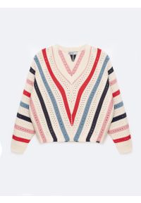 Big-Star - Sweter damski ażurowy w kolorowe paski kremowy Vika 102. Kolor: kremowy. Materiał: bawełna, wiskoza. Wzór: paski, ażurowy, kolorowy. Styl: klasyczny