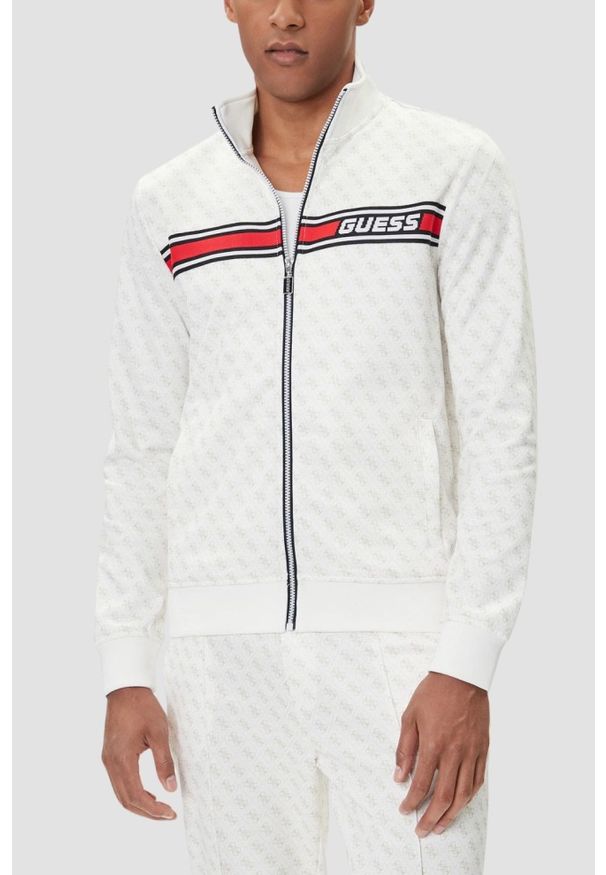 Guess - GUESS Biała rozpinana męska bluza w monogram Korbin, Rozmiar XL. Okazja: na co dzień. Kolor: biały. Styl: elegancki, casual, sportowy