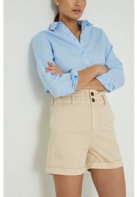 medicine - Medicine szorty jeansowe damskie kolor beżowy gładkie high waist. Stan: podwyższony. Kolor: beżowy. Materiał: jeans. Wzór: gładki