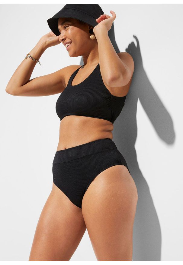 bonprix - Prążkowane bikini z biustonoszem bustier (2 części). Kolor: czarny. Materiał: prążkowany