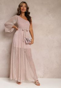 Renee - Ciemnoróżowa Asymetryczna Sukienka Maxi z Gumką i Wiązanym Paskiem w Talii Saminta. Kolor: różowy. Materiał: materiał. Typ sukienki: asymetryczne. Długość: maxi