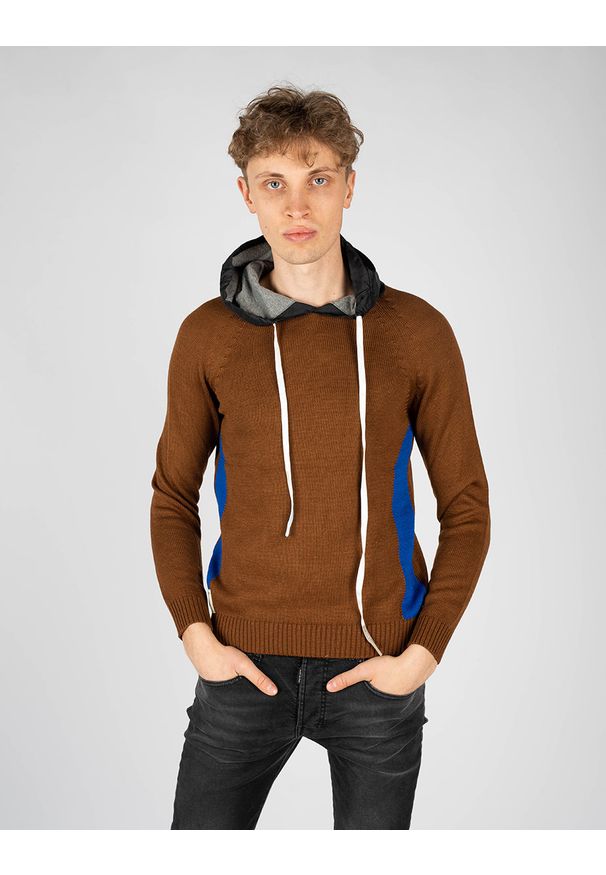 Takeshy Kurosawa Sweter "With Hood" | 83149 | Maglia | Mężczyzna | Brązowy. Okazja: na co dzień. Kolor: brązowy. Materiał: wełna, akryl. Wzór: aplikacja. Styl: casual