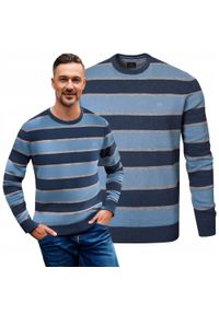 Bawełniany Sweter Męski, Okrągły Dekolt - Pako Jeans - Niebieski i Granat, Pasy. Kolor: niebieski. Materiał: bawełna. Styl: klasyczny, elegancki