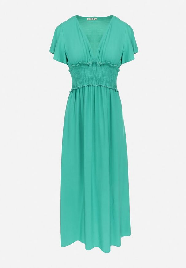 Born2be - Ciemnozielona Kopertowa Sukienka z Wiskozy z Gumką w Pasie Neroni. Kolor: zielony. Materiał: wiskoza. Typ sukienki: kopertowe. Długość: maxi